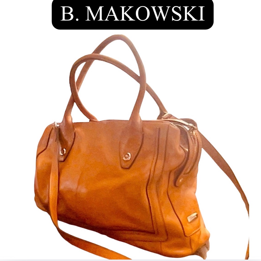 B. Makowski Tan Leather Handbag W/Leopard Print Lining, Wuc